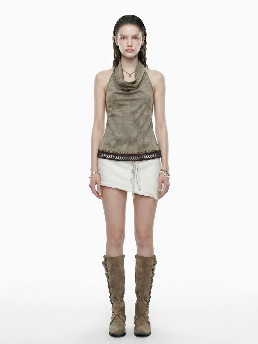 Studded Check Cowl Halter Top