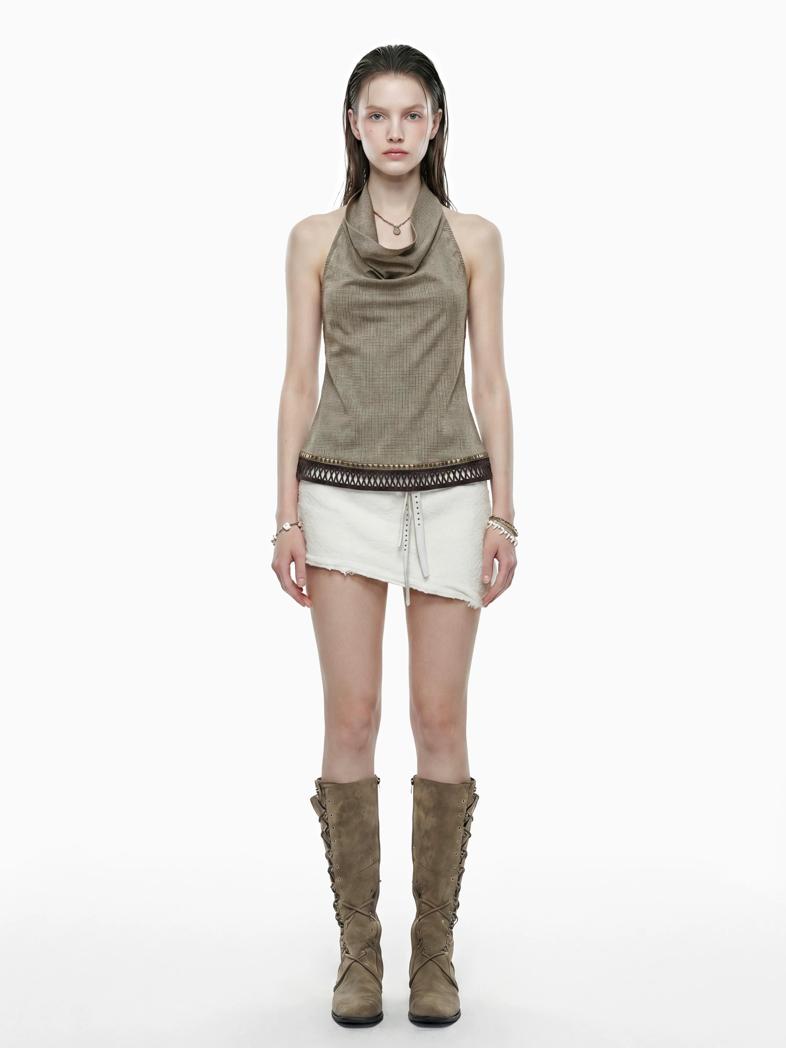 Studded Check Cowl Halter Top
