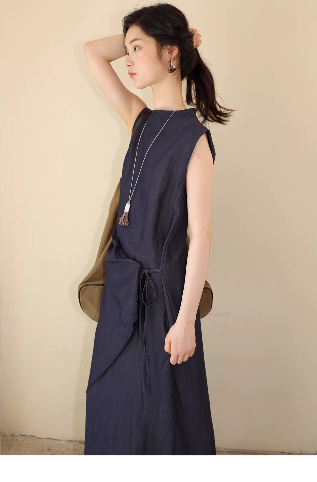 Sculptural Indigo Side-Tie Maxi Dress