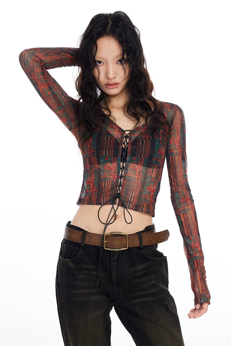Tapestry Lace-Up Mesh Top
