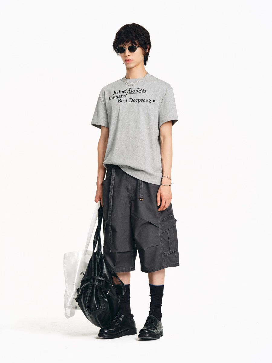 Drawstring Washed A-line Cargo Wide-Leg Shorts