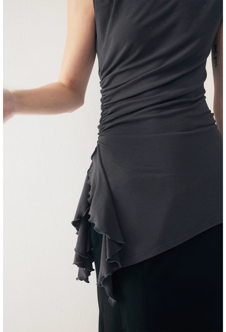 Ruffled Knit Top in Charcoal or Beige