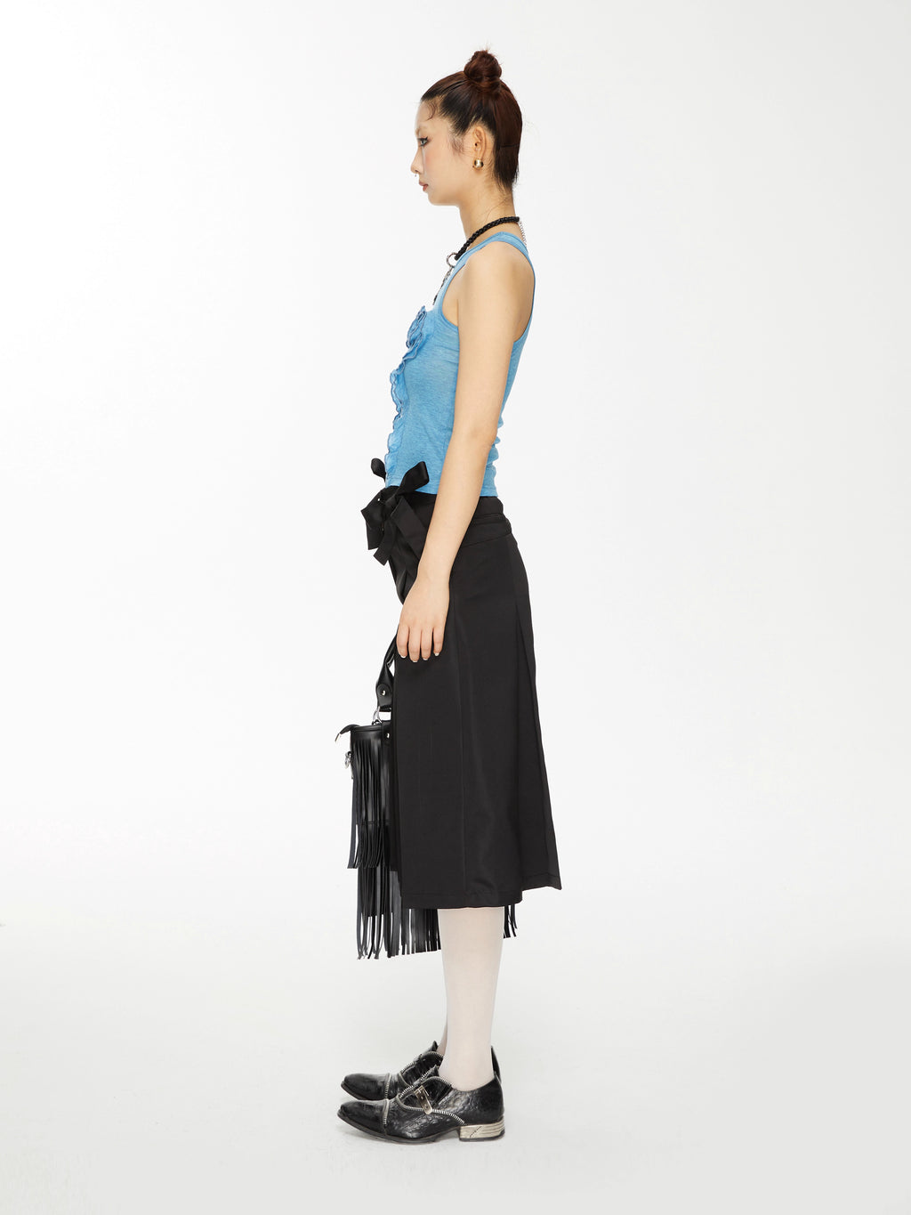 Bow-Embellished Pleated Back Wide-Leg Trouser Shorts