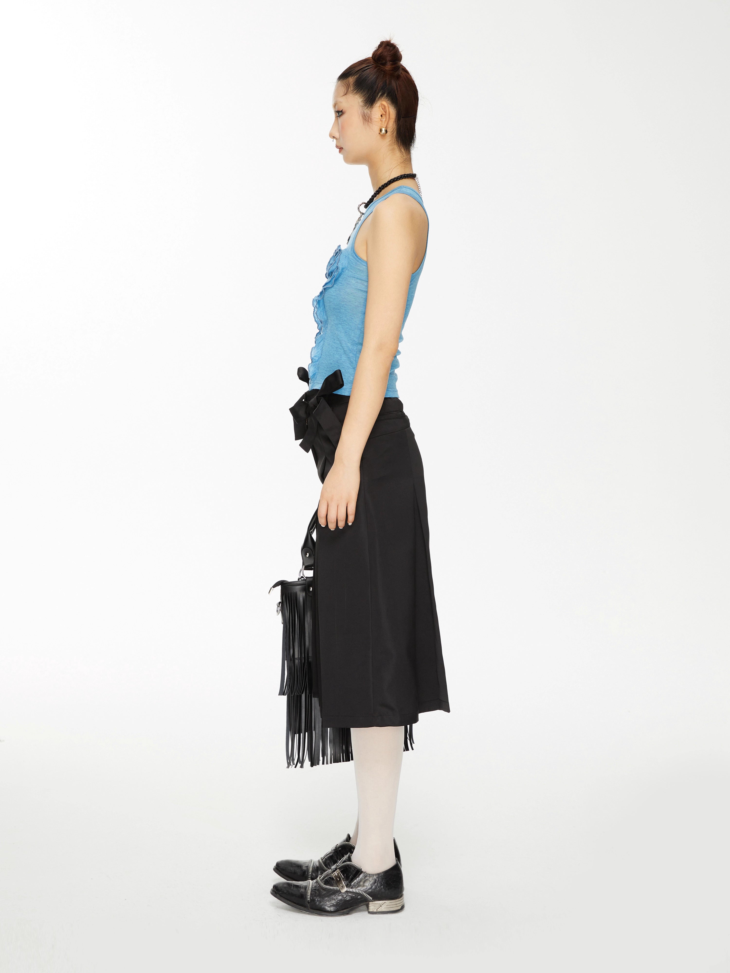 Bow-Embellished Pleated Back Wide-Leg Trouser Shorts