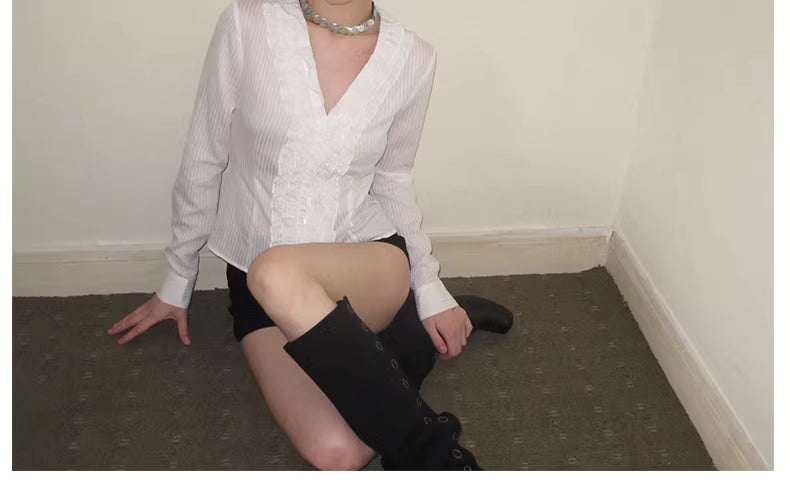 Ruffle Bodice Pinstripe Blouse