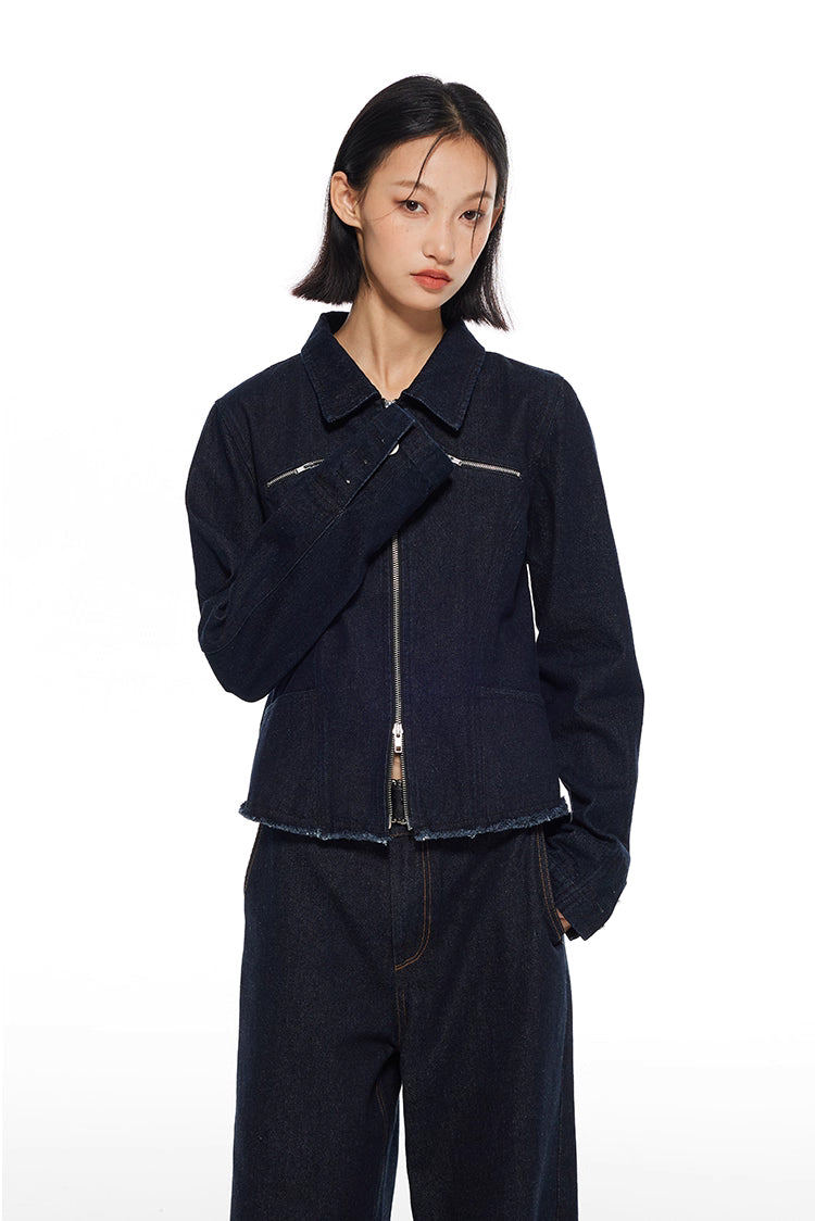 Double Zipper Distressed Denim Jacket