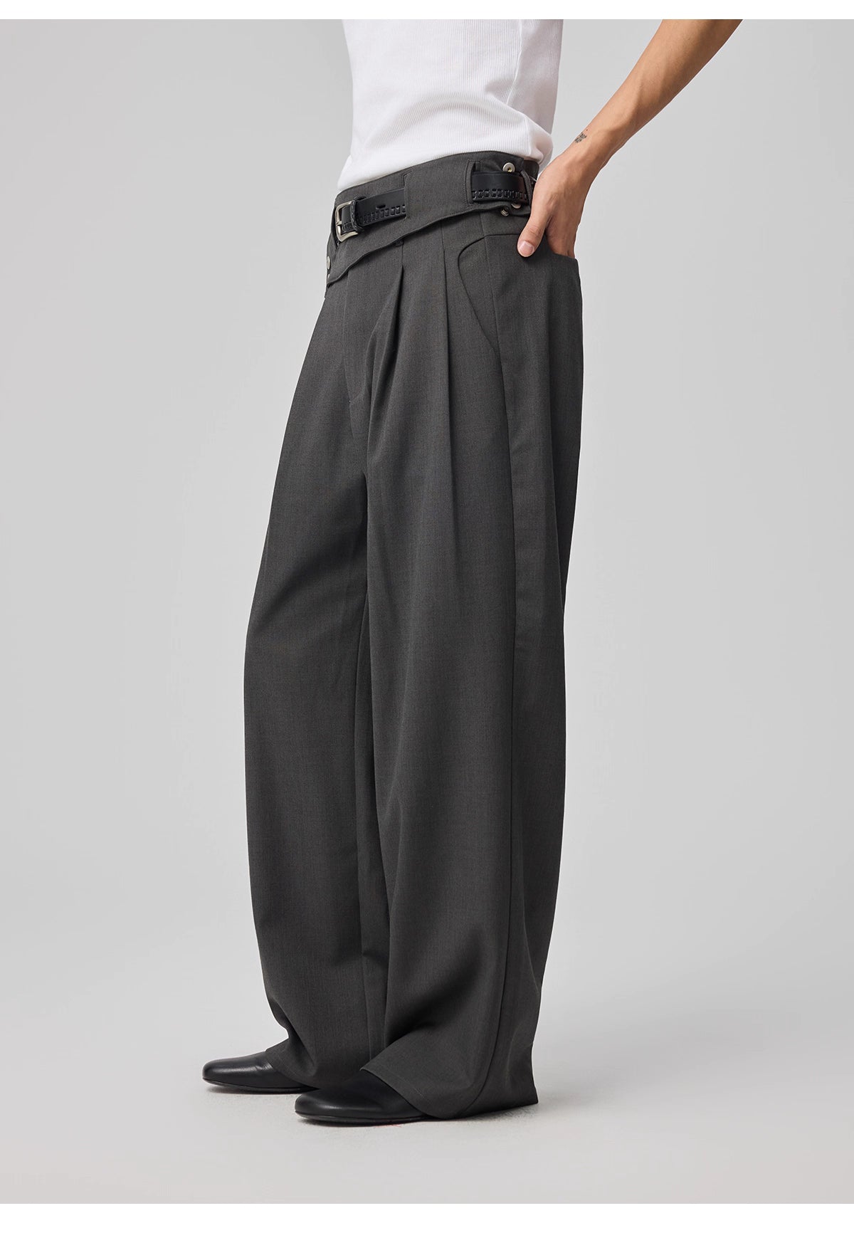 Removable Waistband Wool Trousers with Openwork Pockets