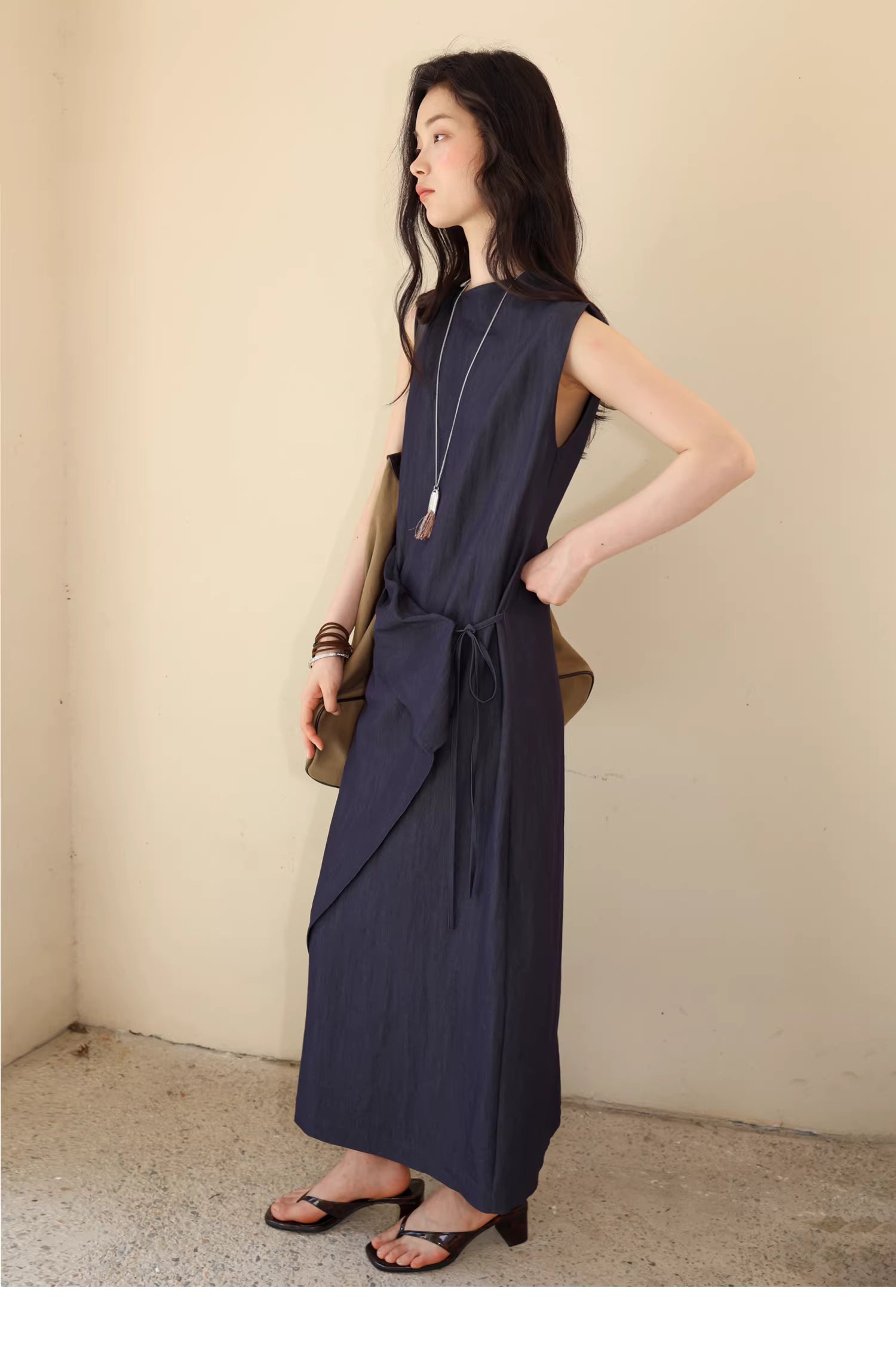 Sculptural Indigo Side-Tie Maxi Dress