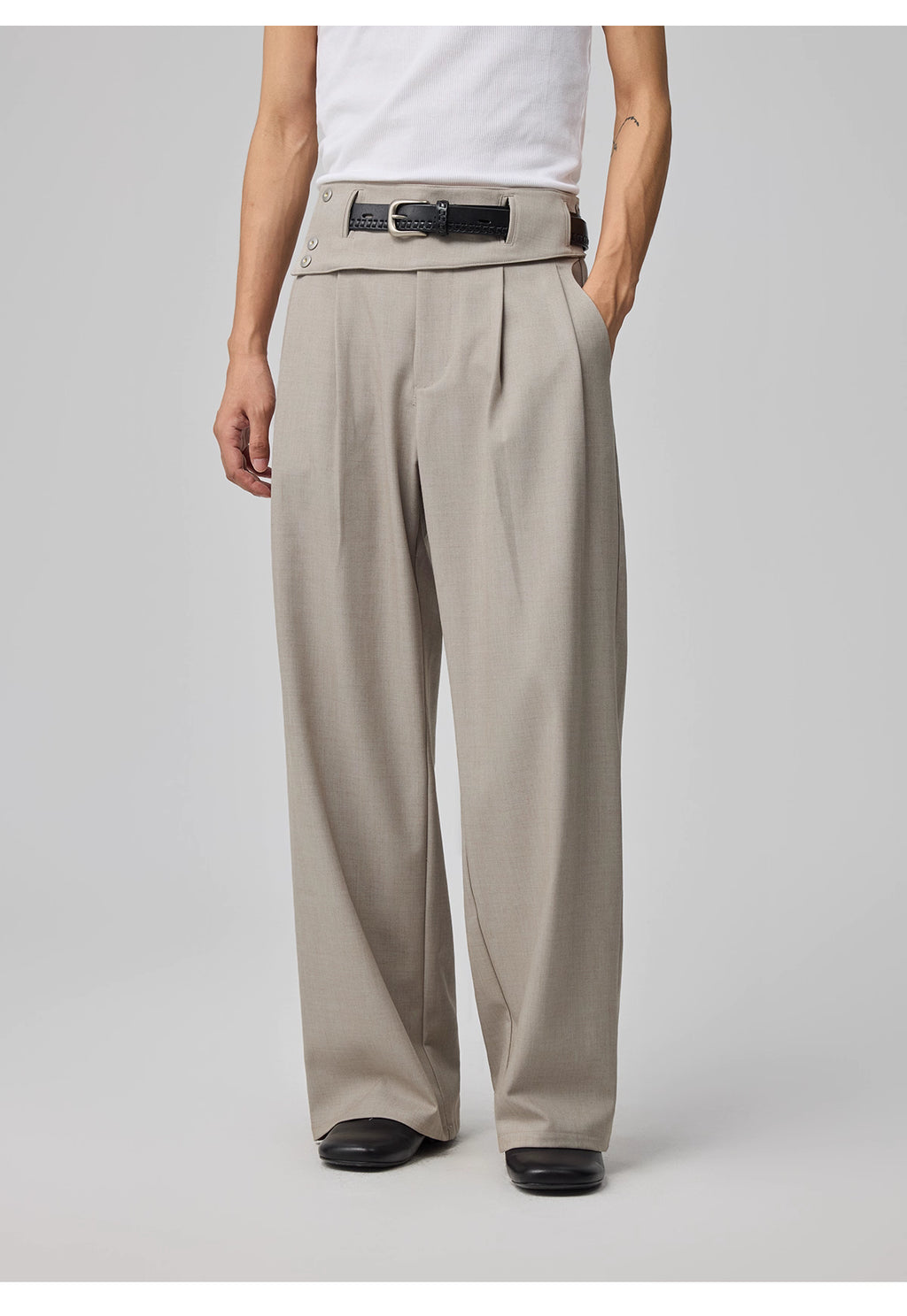 Removable Waistband Wool Trousers with Openwork Pockets