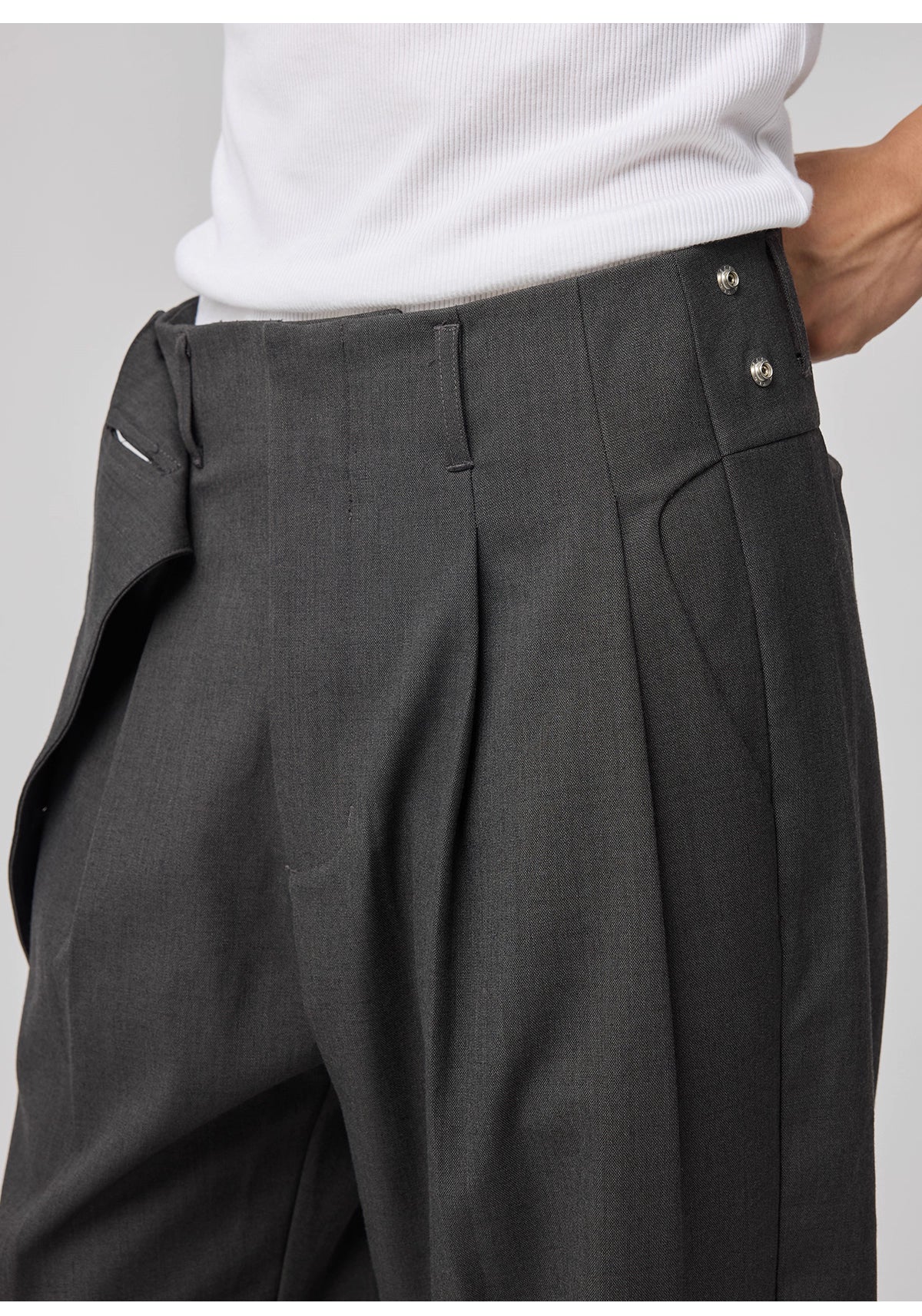 Removable Waistband Wool Trousers with Openwork Pockets