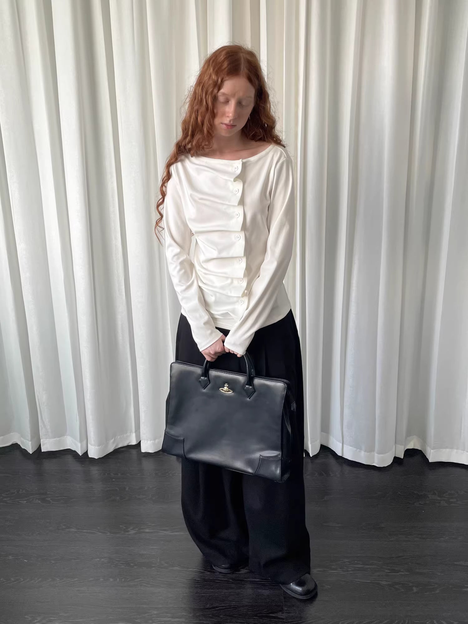 Linear Fold Placket Long Sleeve Top