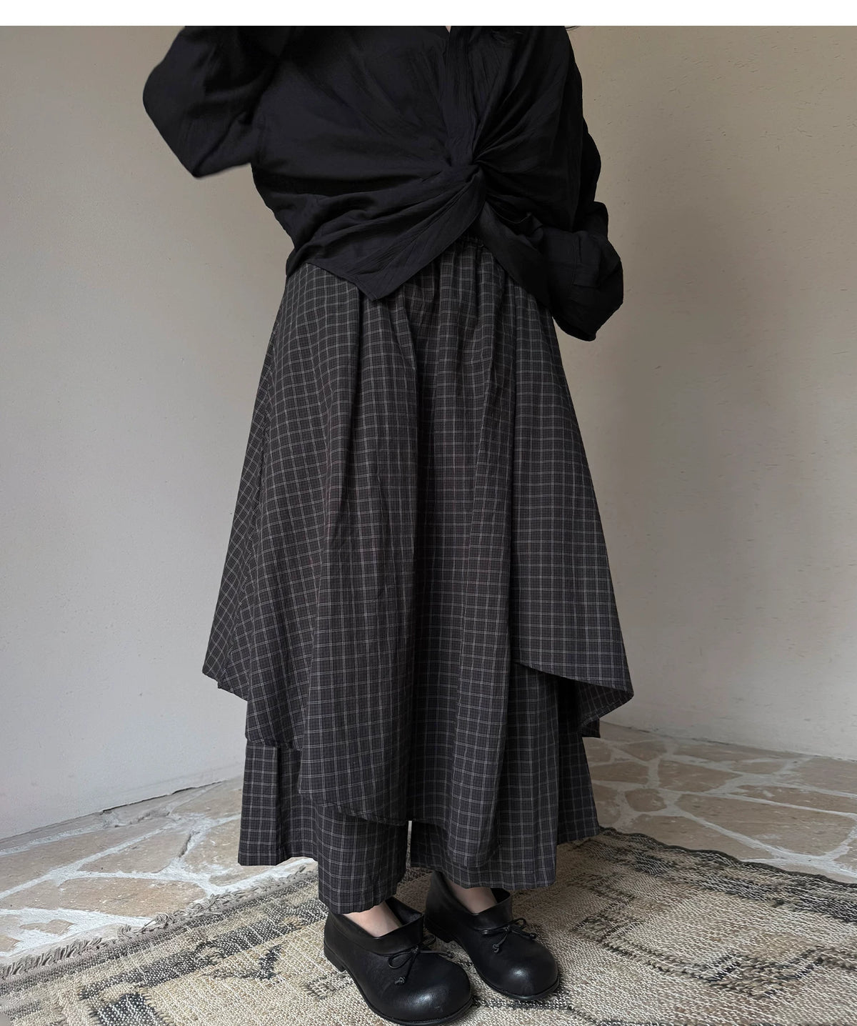 Layered Check Wide-Leg Skirt Trousers