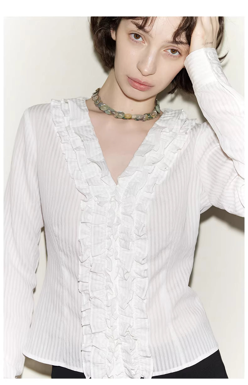 Ruffle Bodice Pinstripe Blouse
