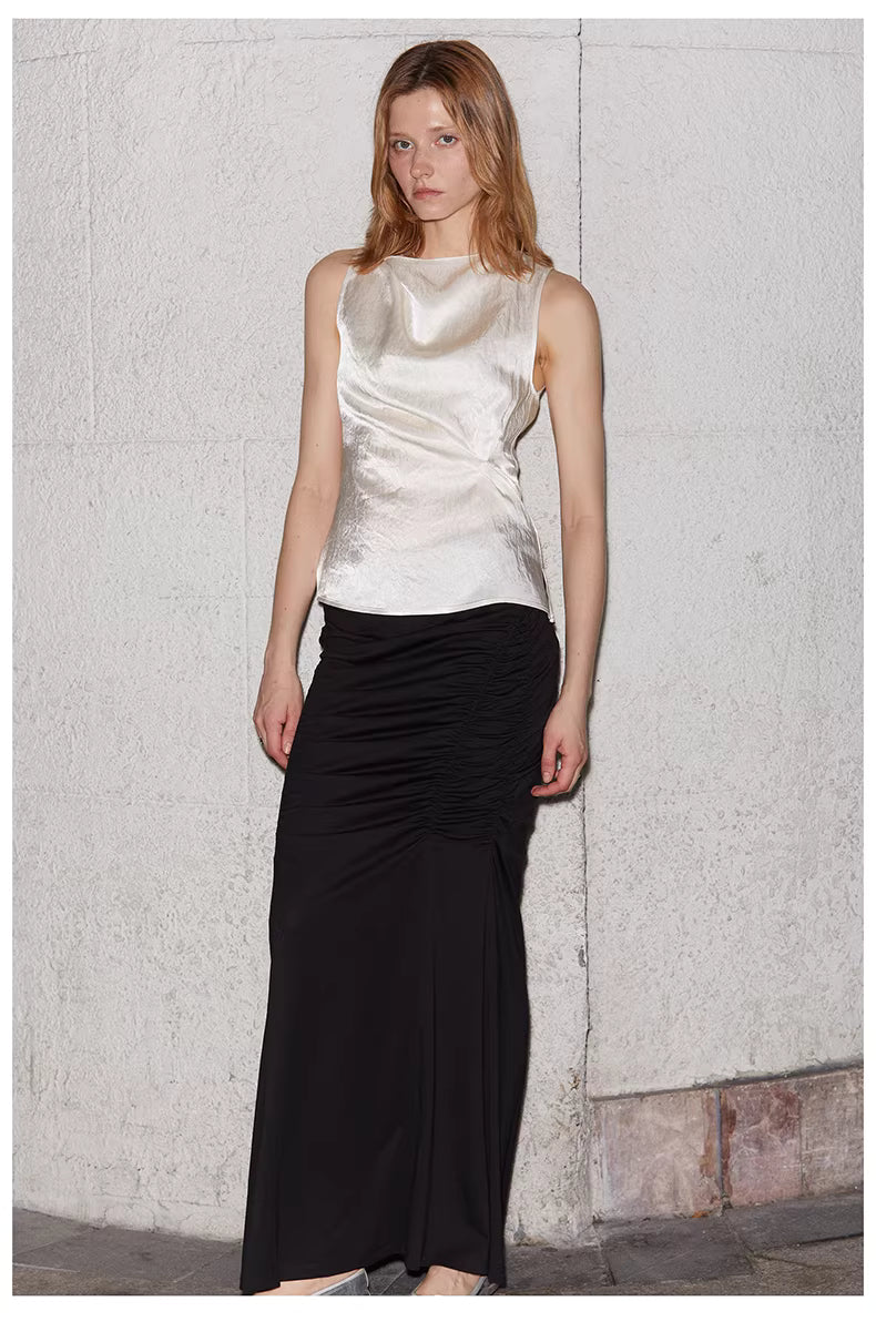 Crinkled Satin Cowl-Neck Top with Button-Back Detail