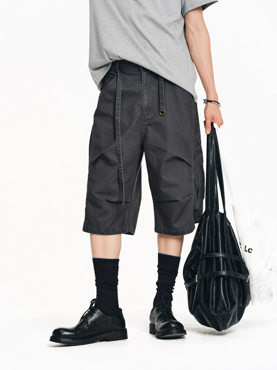 Drawstring Washed A-line Cargo Wide-Leg Shorts