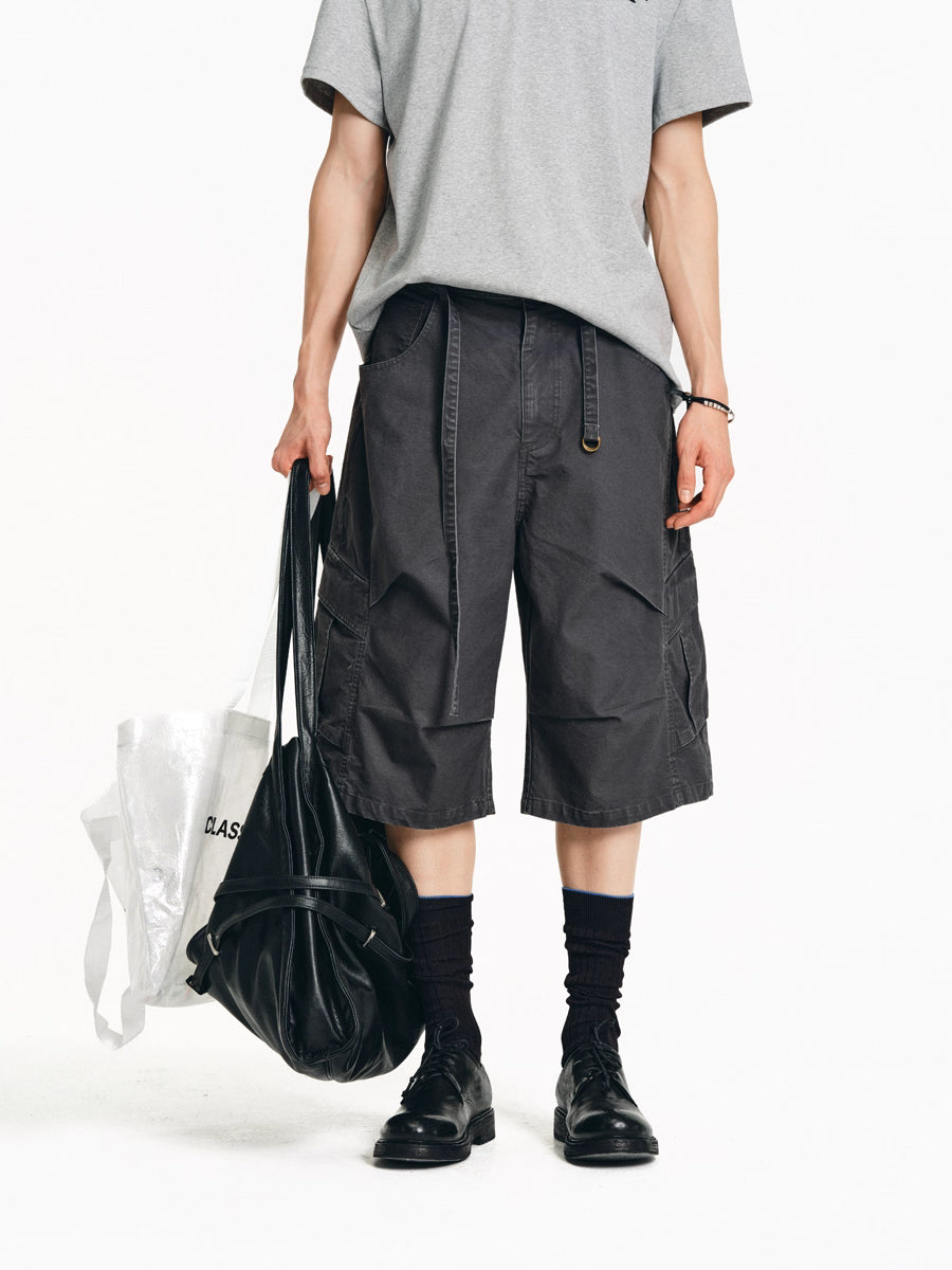 Drawstring Washed A-line Cargo Wide-Leg Shorts