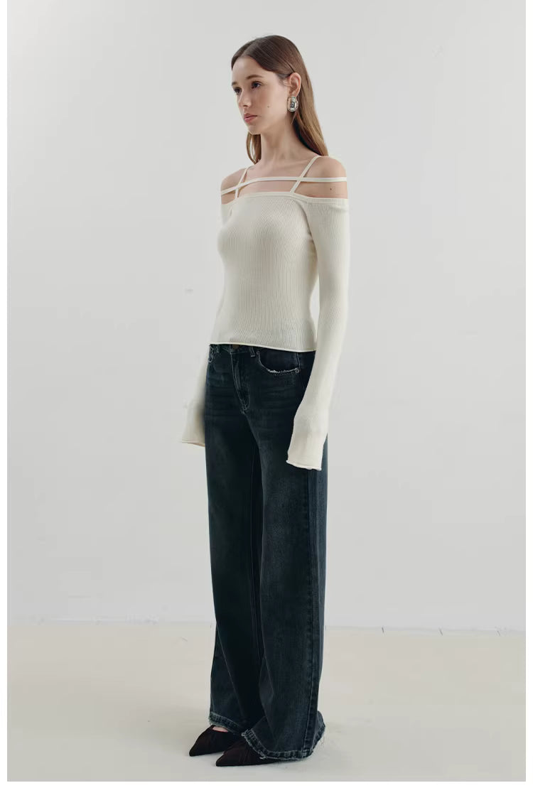 Geometric Strap Knit Long Sleeve Top