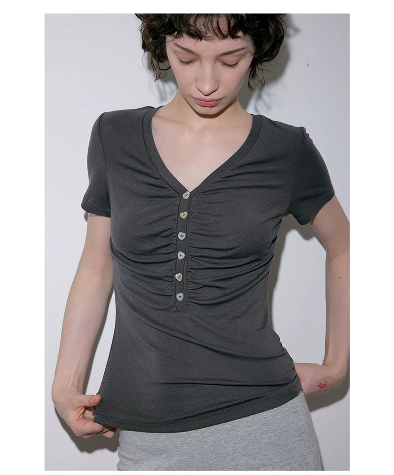 Roselight TENCEL™ Wool Button Ruched Top