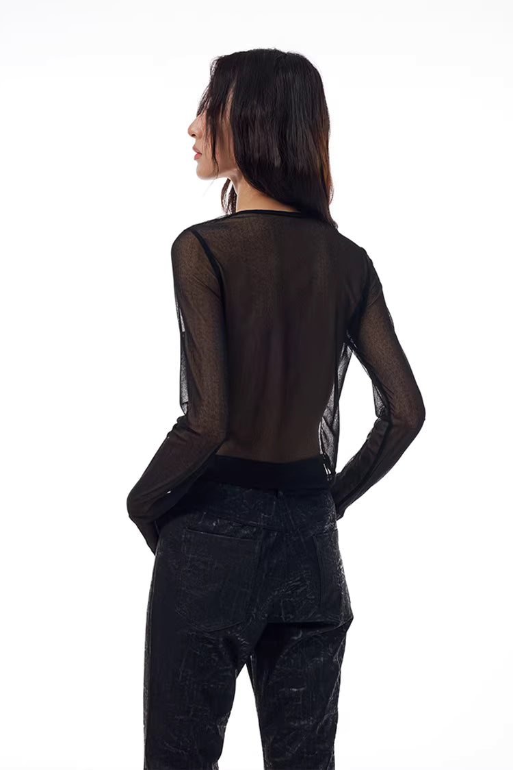 Geometric Seamed Sheer Mesh Long-Sleeve Top in Black Ink or White