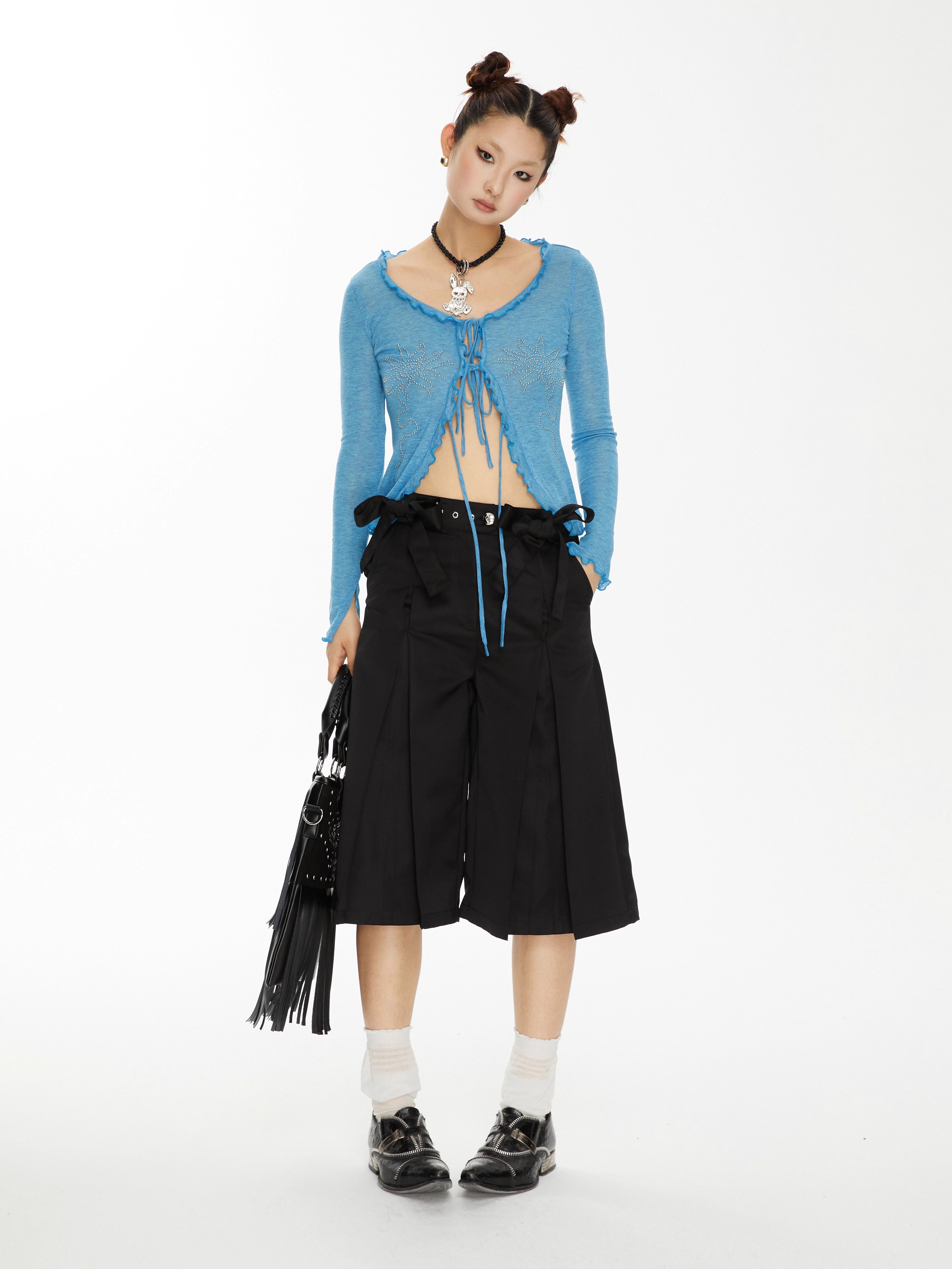 Bow-Embellished Pleated Back Wide-Leg Trouser Shorts