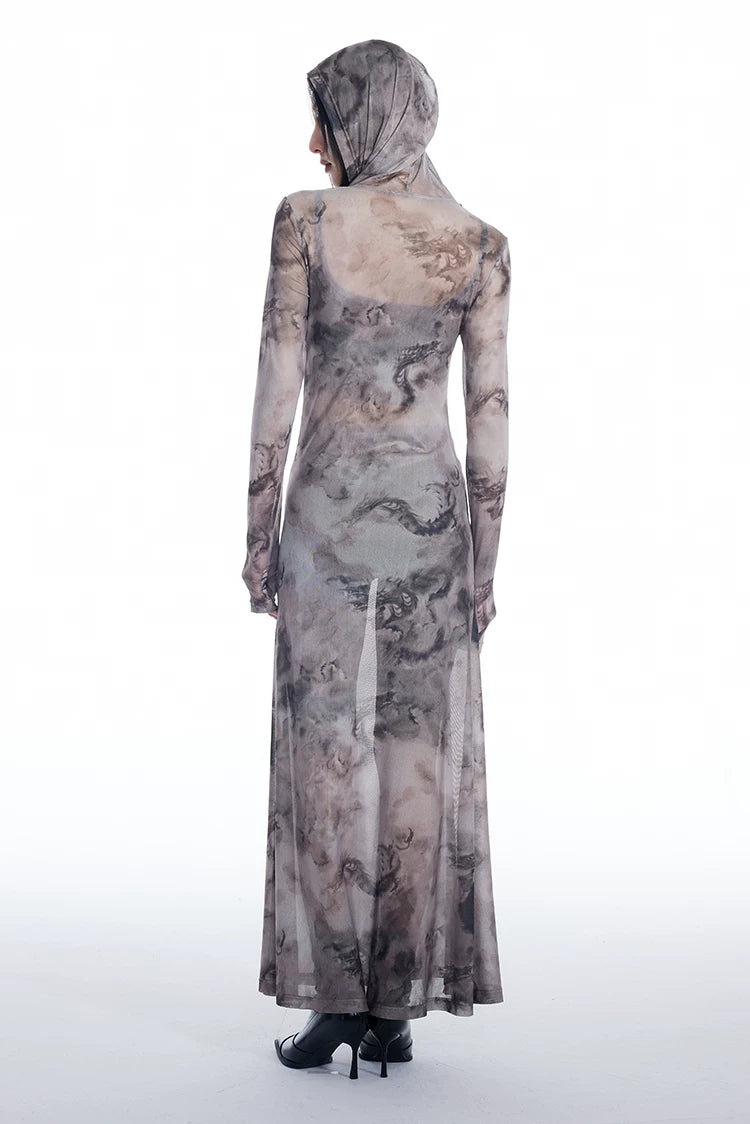 Dragon Veil Hooded Mesh Maxi Dress