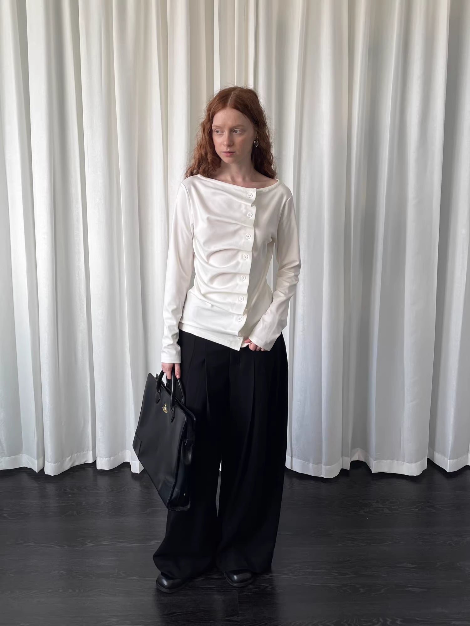 Linear Fold Placket Long Sleeve Top