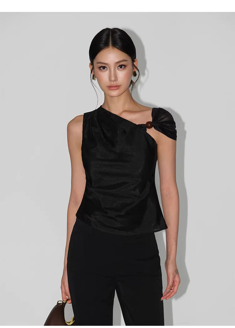 Beaded One Shoulder Top in Black Ink or White
