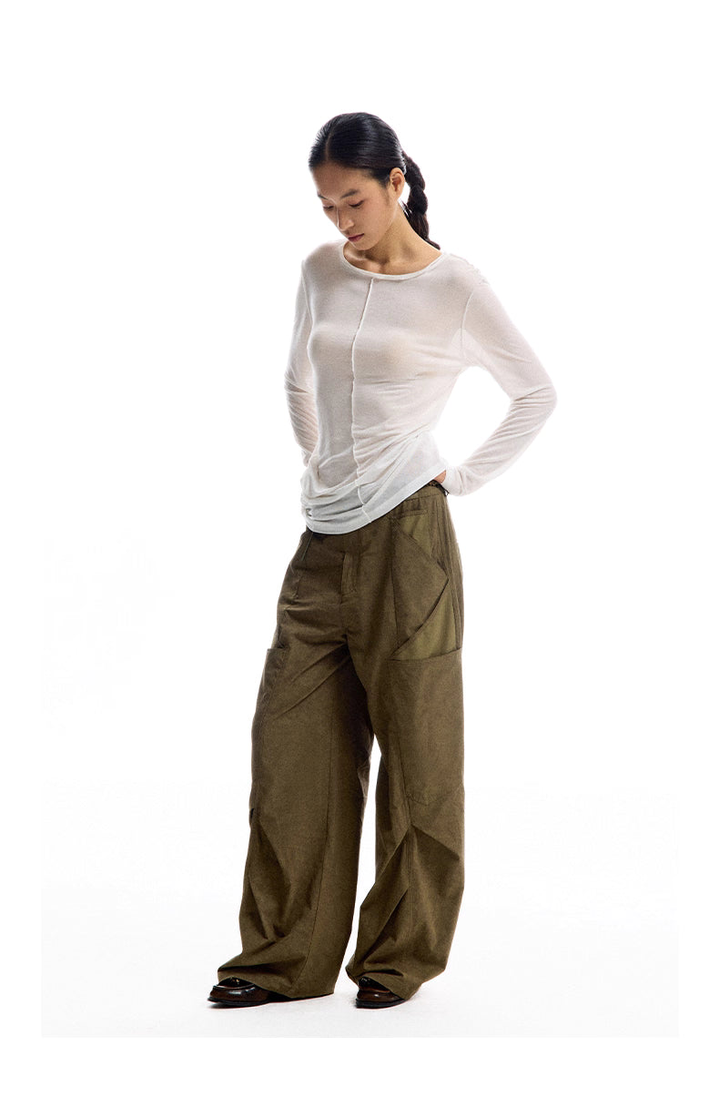 Geometric Detail Wide-Leg Machete Pants with Belt