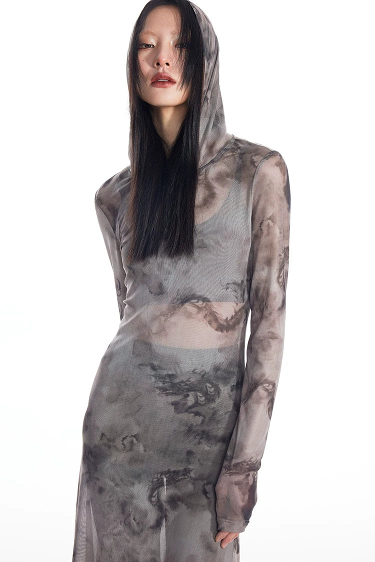 Dragon Veil Hooded Mesh Maxi Dress