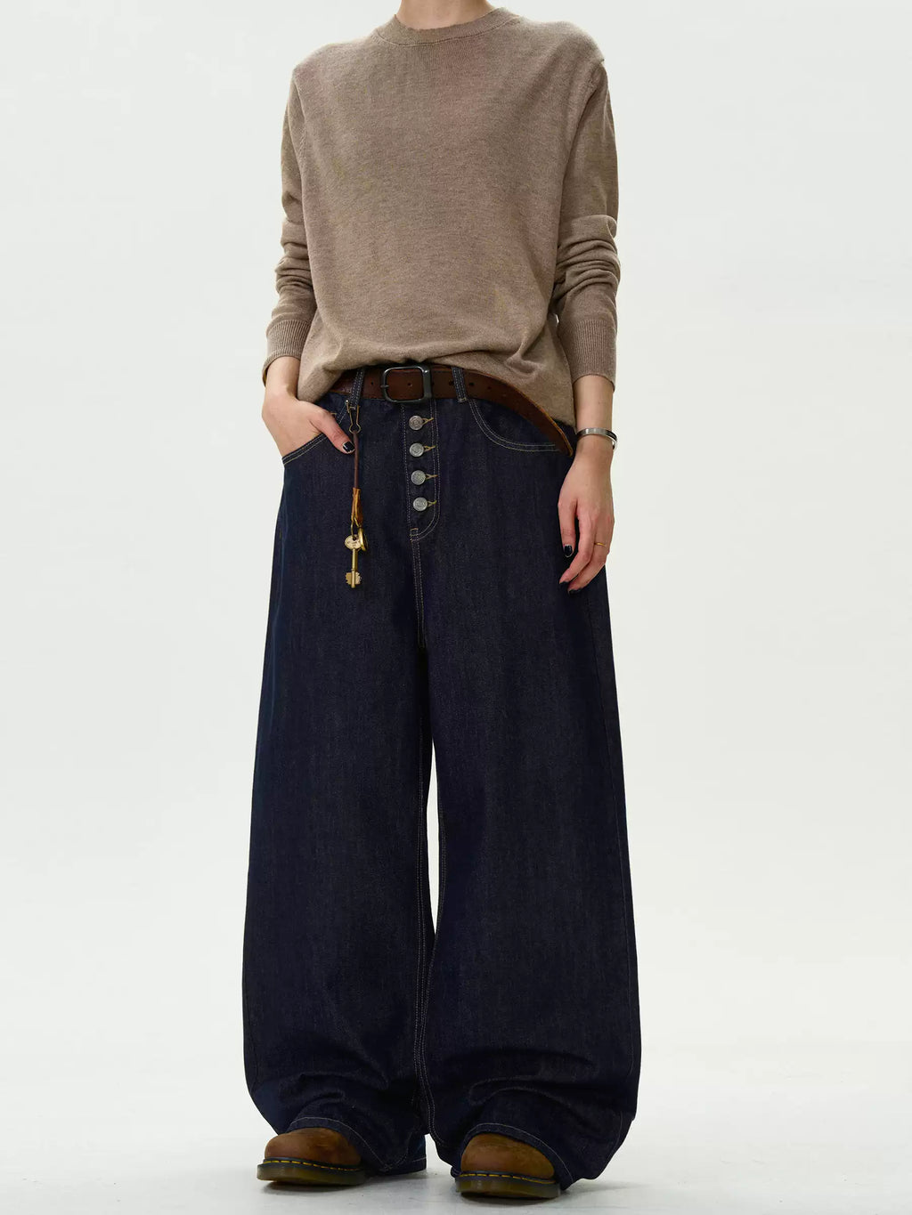 Button Fly Wide-Leg Raw Denim