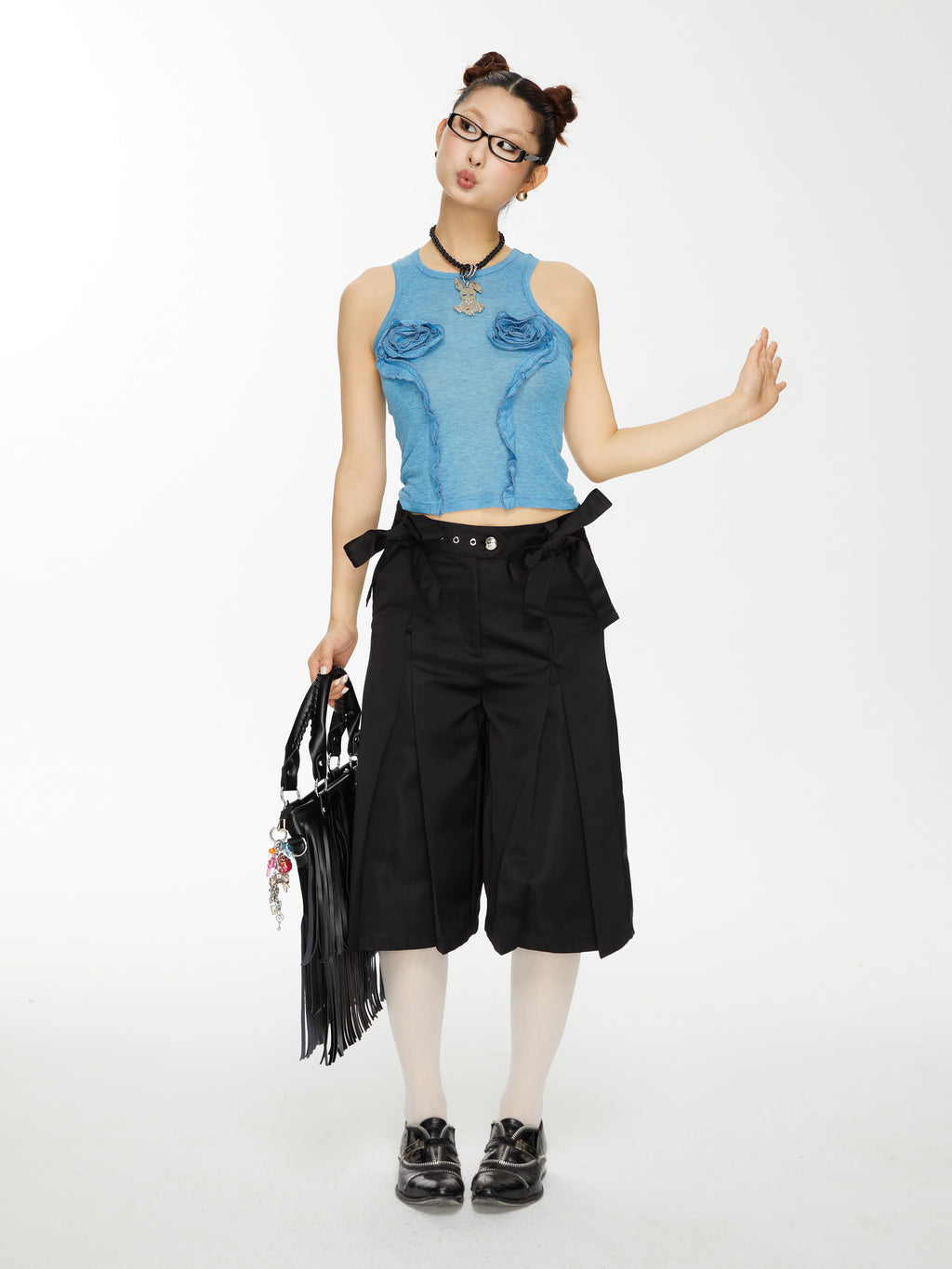Bow-Embellished Pleated Back Wide-Leg Trouser Shorts