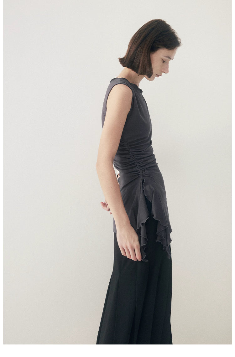 Ruffled Knit Top in Charcoal or Beige