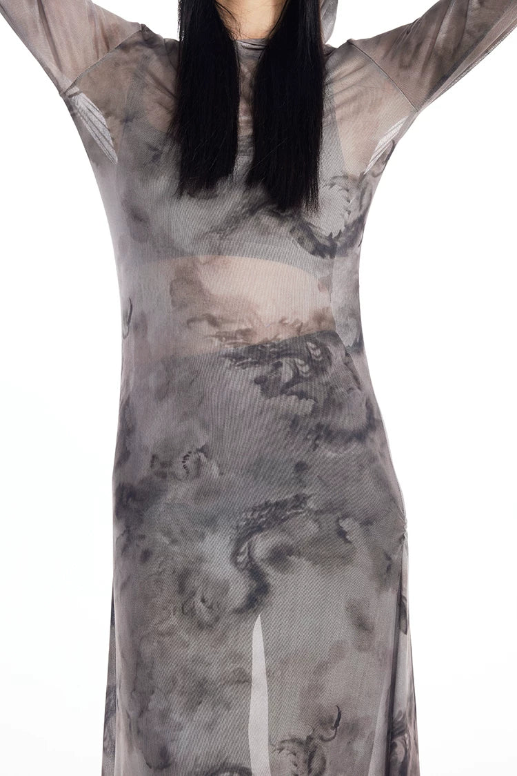 Dragon Veil Hooded Mesh Maxi Dress