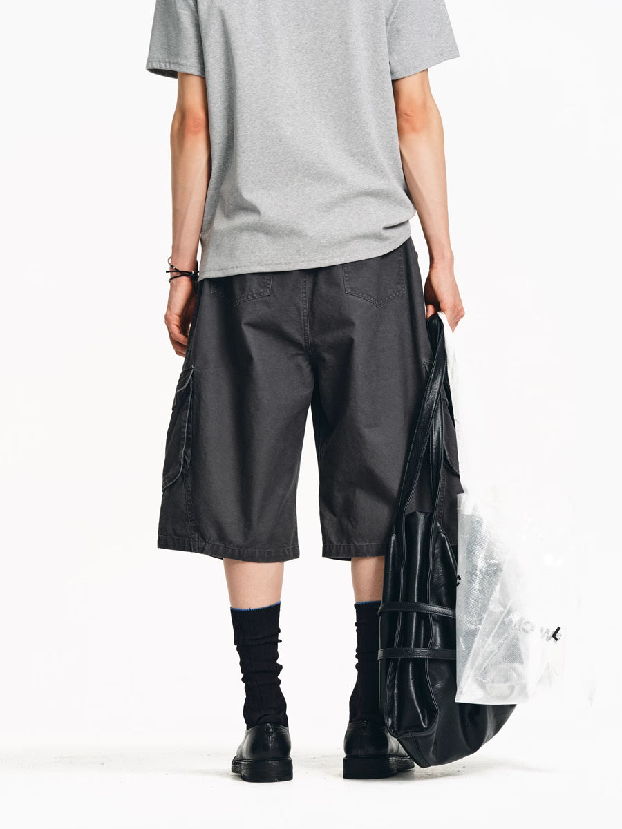 Drawstring Washed A-line Cargo Wide-Leg Shorts