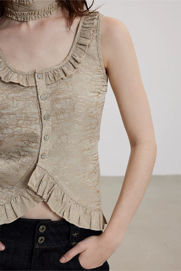 Washed Brocade Ruffle Choker Top