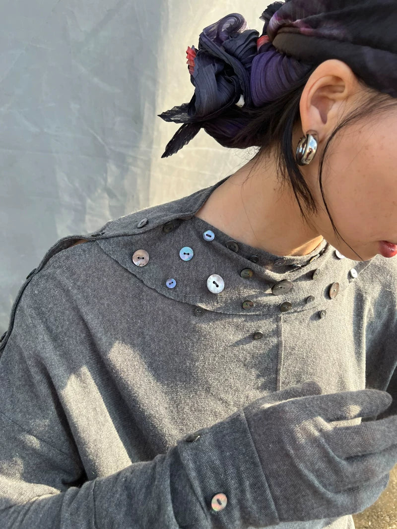 Shell Collar Button Sleeve Jersey Top