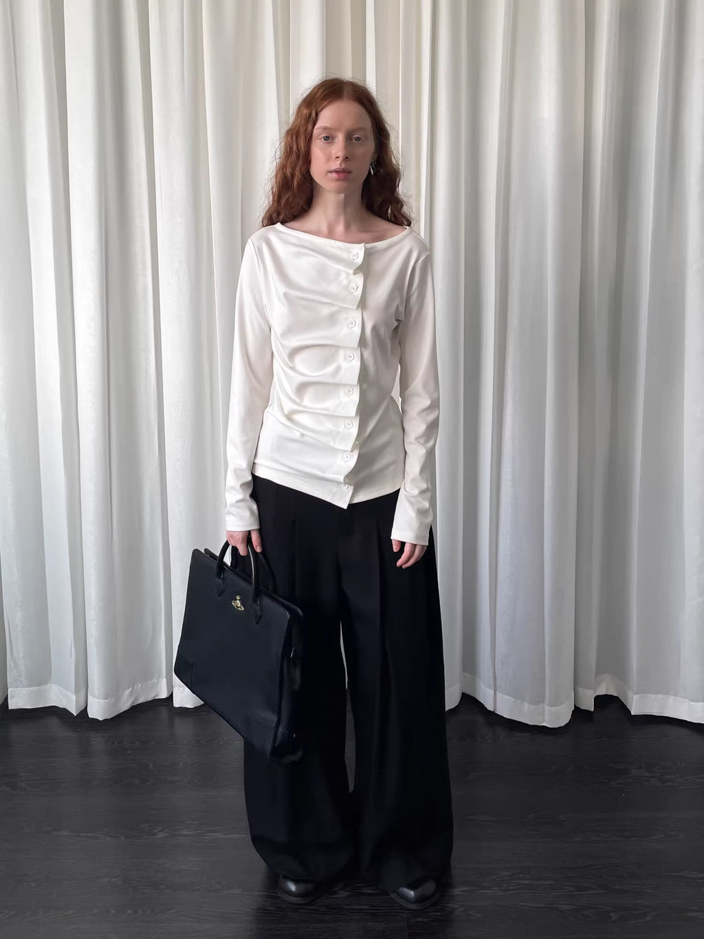 Linear Fold Placket Long Sleeve Top