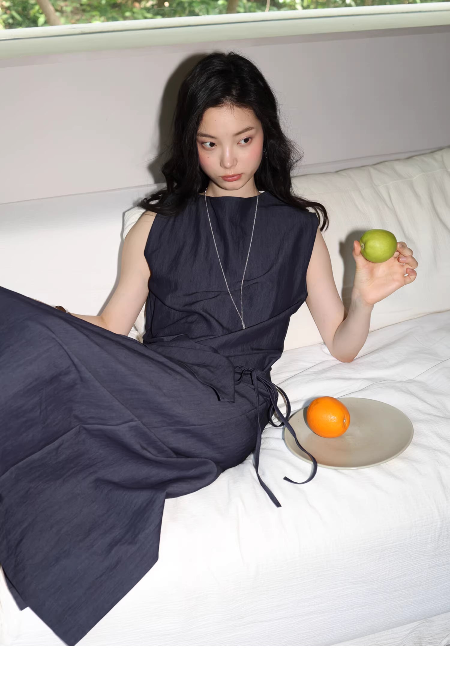 Sculptural Indigo Side-Tie Maxi Dress