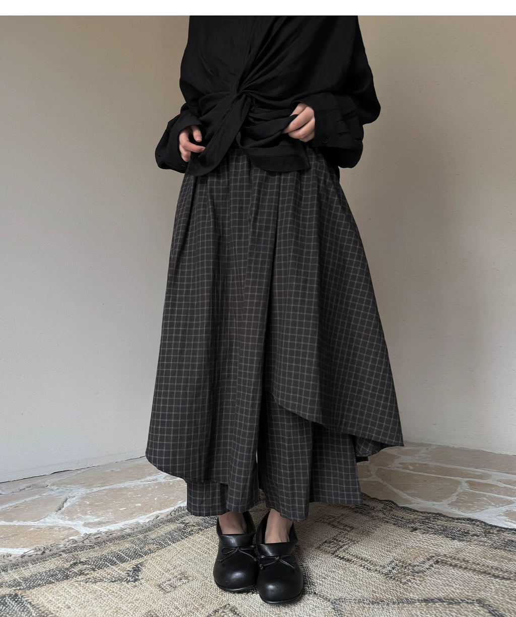Layered Check Wide-Leg Skirt Trousers
