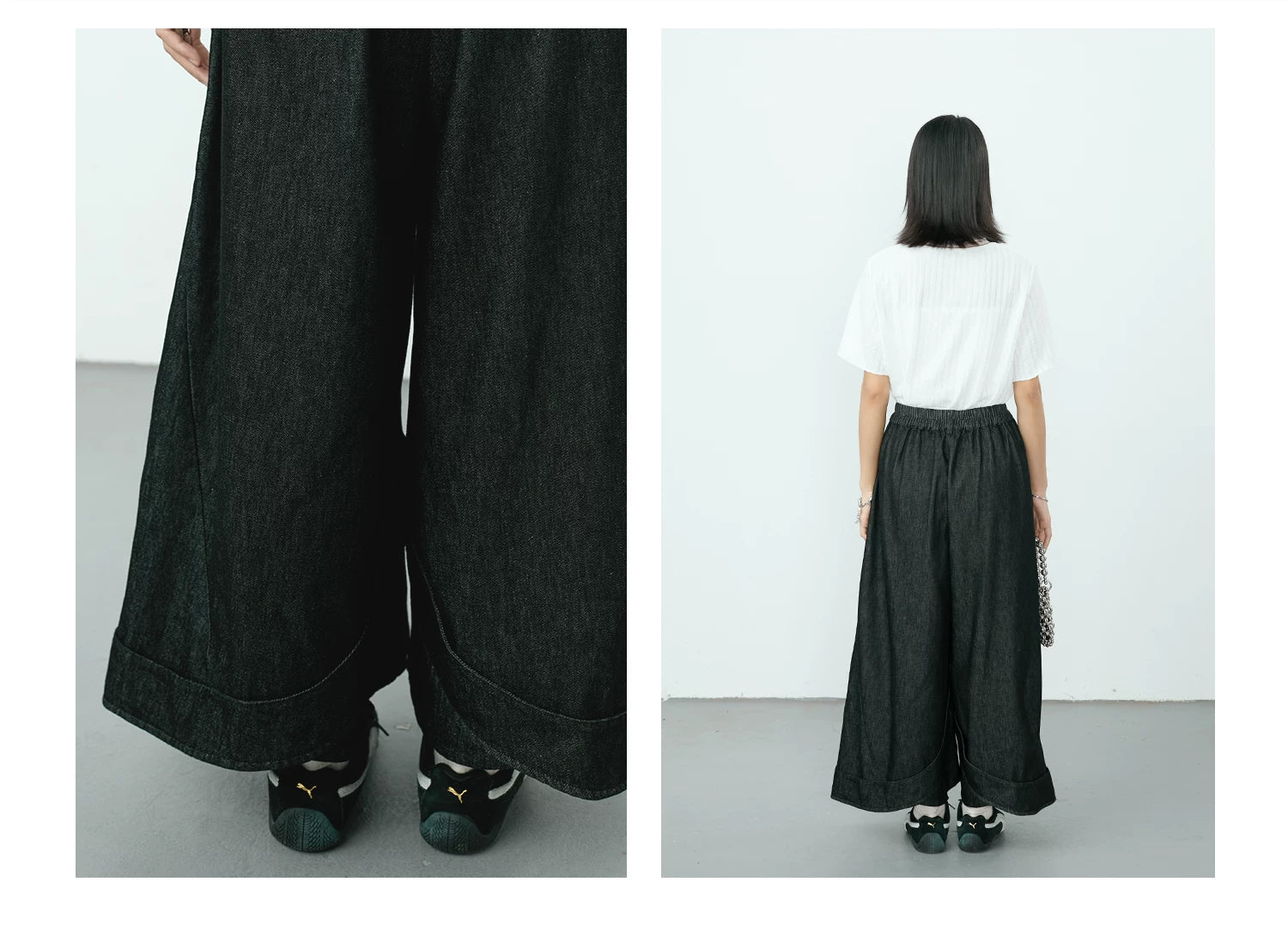 Curved Seam Wide-Leg Denim Trousers