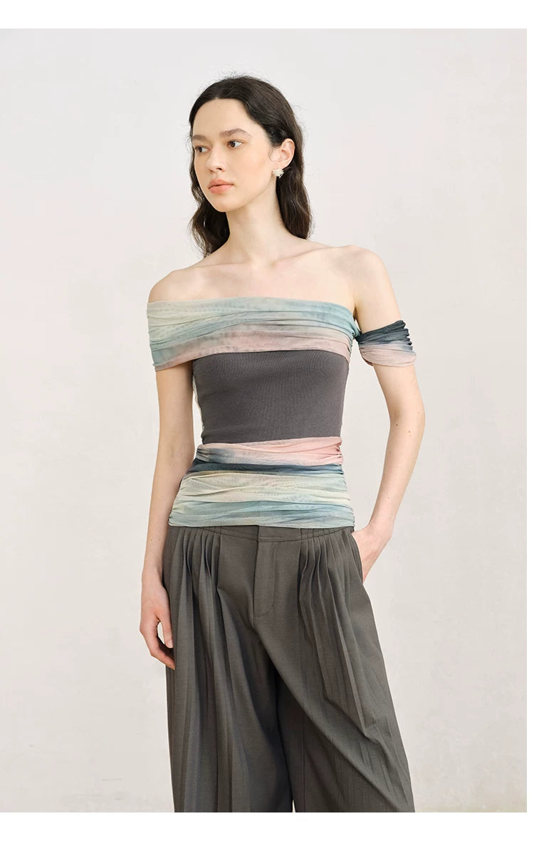 One-Shoulder Art Star Mesh Top