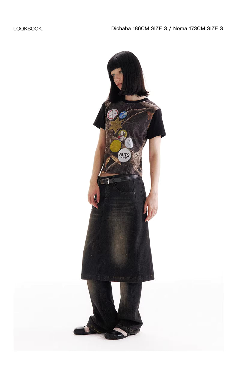 Shadow Wave Denim Skirt-Pant