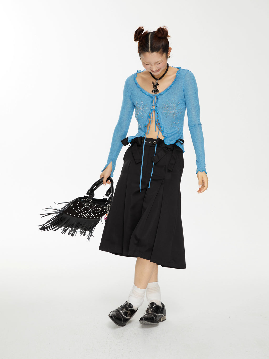 Bow-Embellished Pleated Back Wide-Leg Trouser Shorts