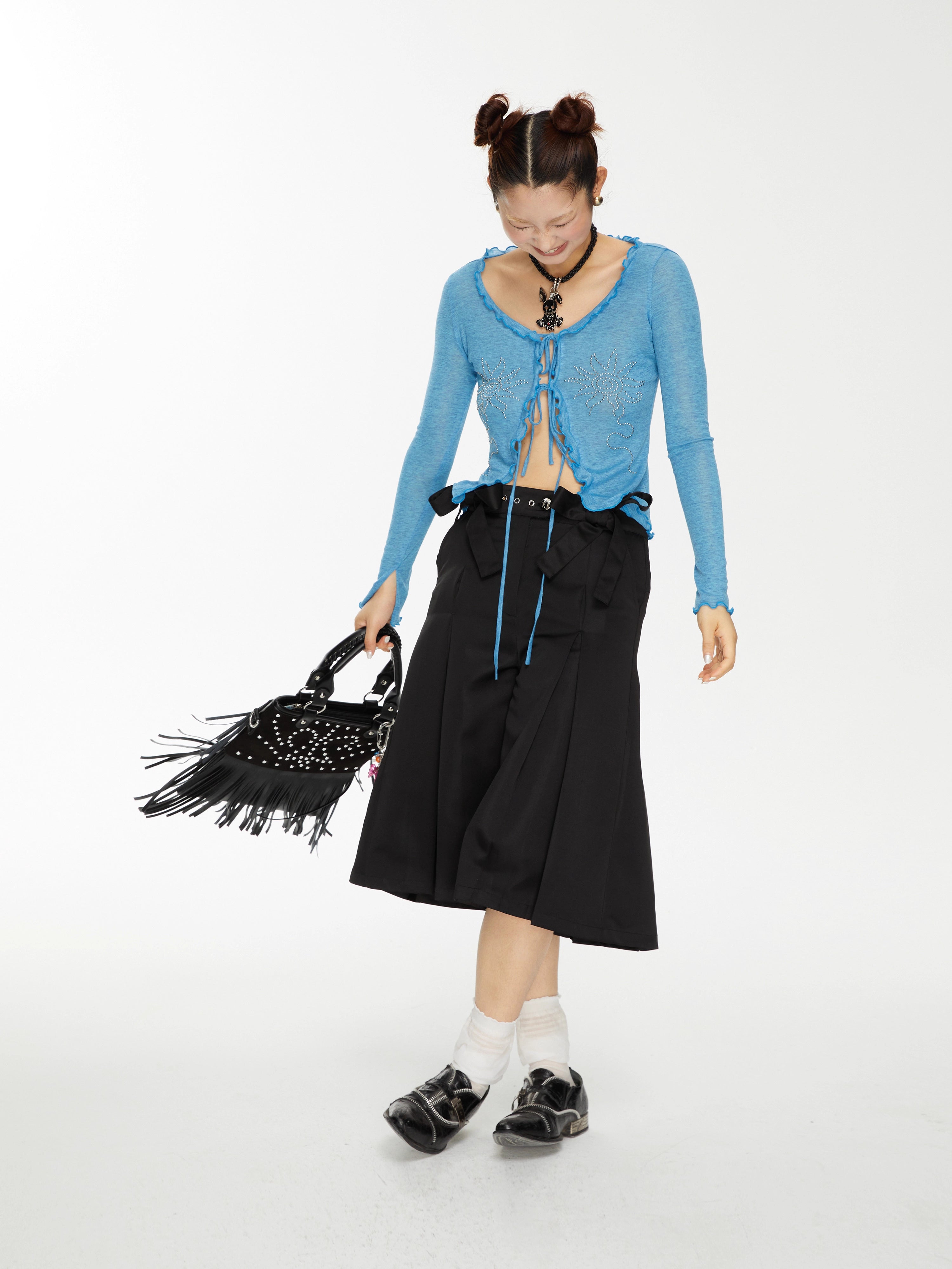 Bow-Embellished Pleated Back Wide-Leg Trouser Shorts