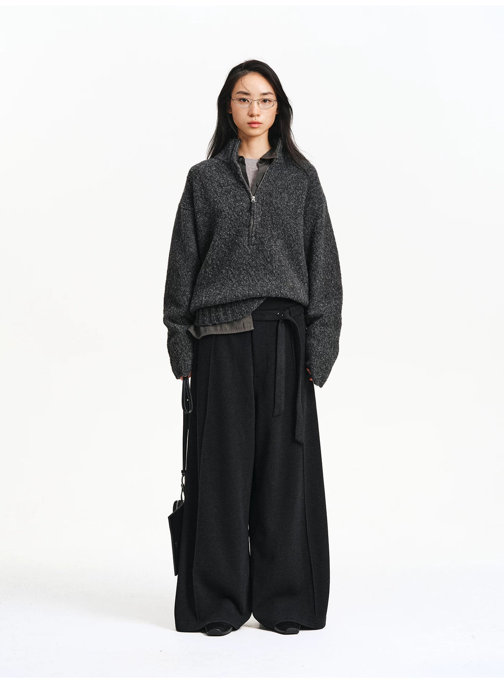 Textured Bouclé Half-Zip Knit – Charcoal