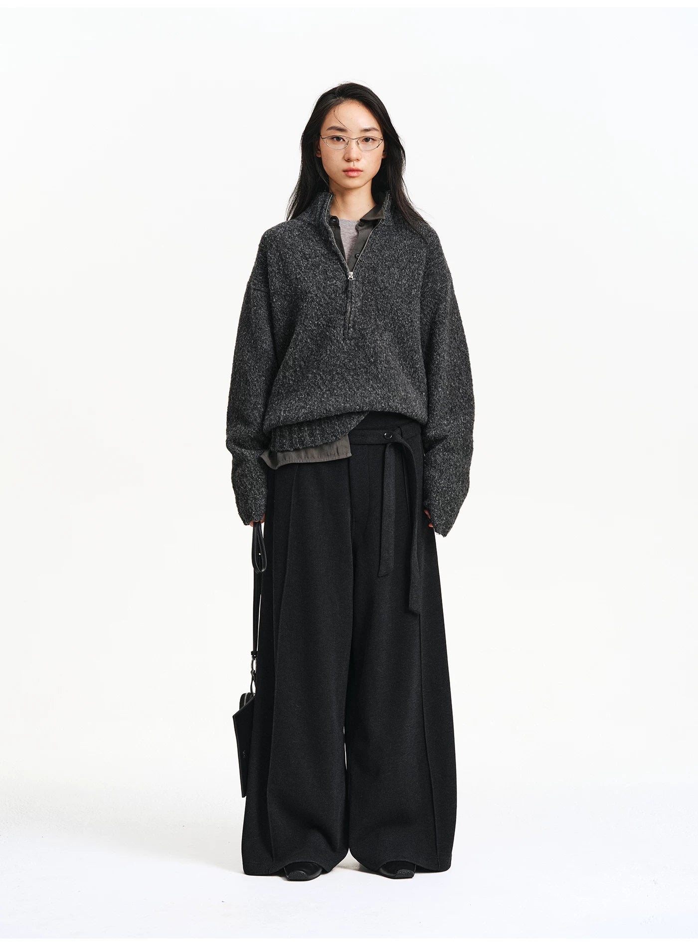 Textured Bouclé Half-Zip Knit – Charcoal