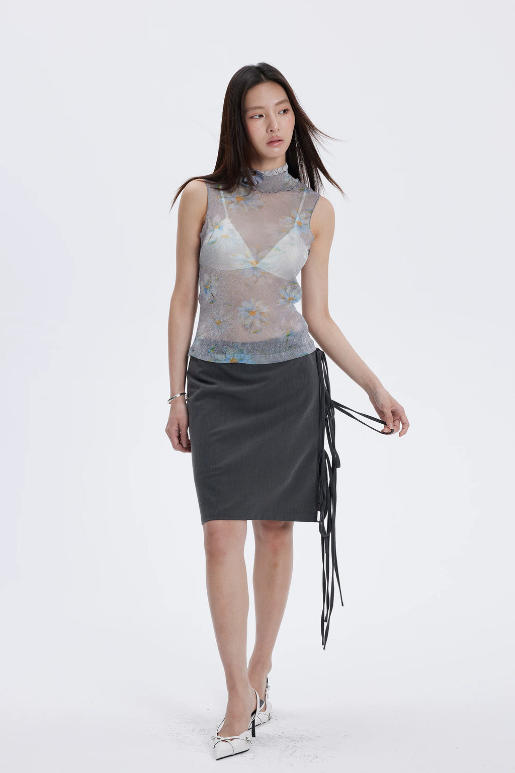 Floral Shimmer Mesh Mock Neck Tank
