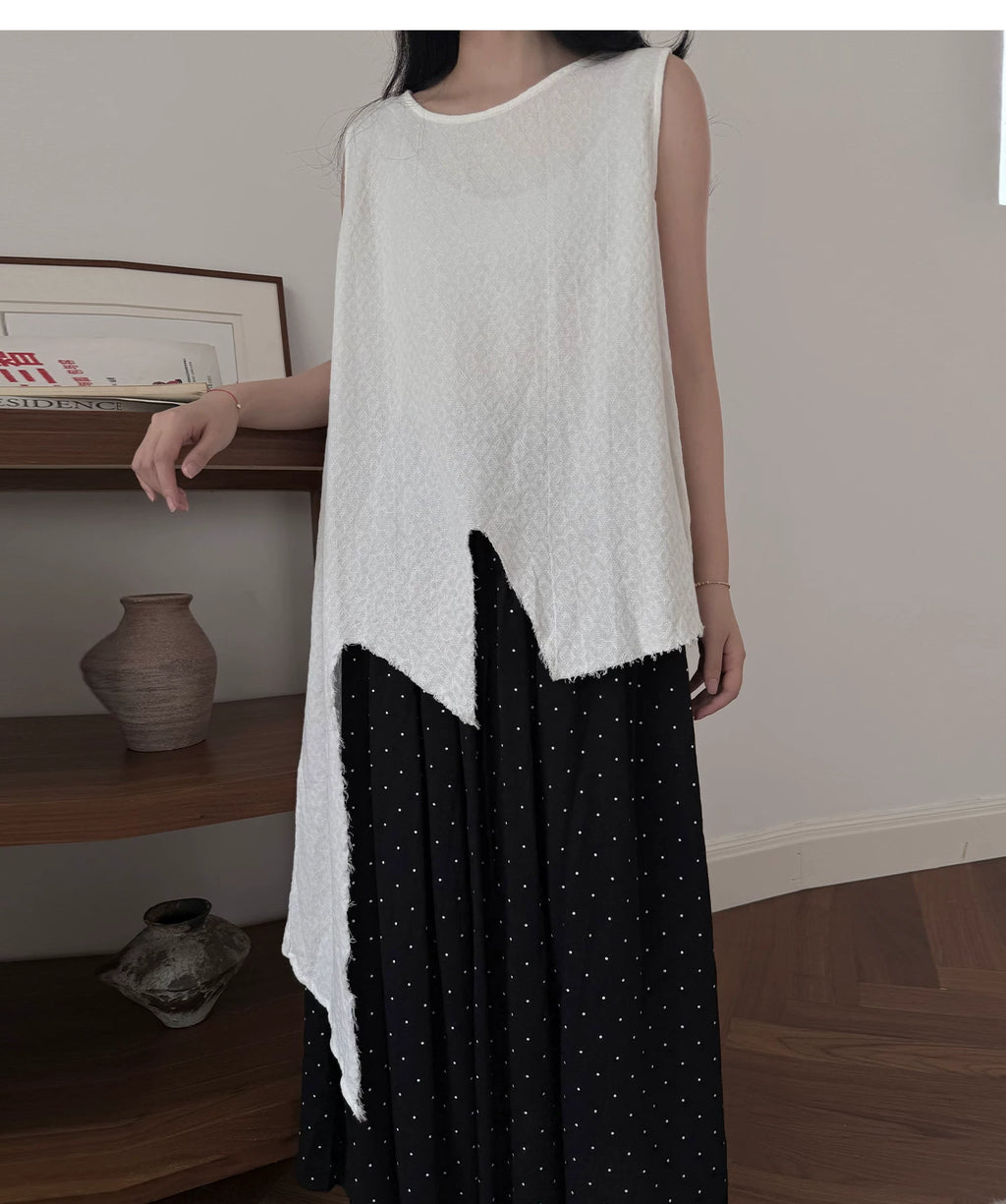 Frayed Asymmetric Linen-Cotton Longline Vest