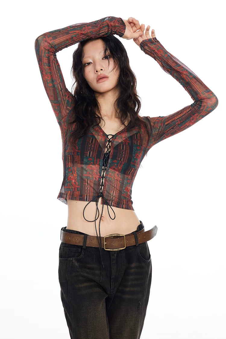 Tapestry Lace-Up Mesh Top