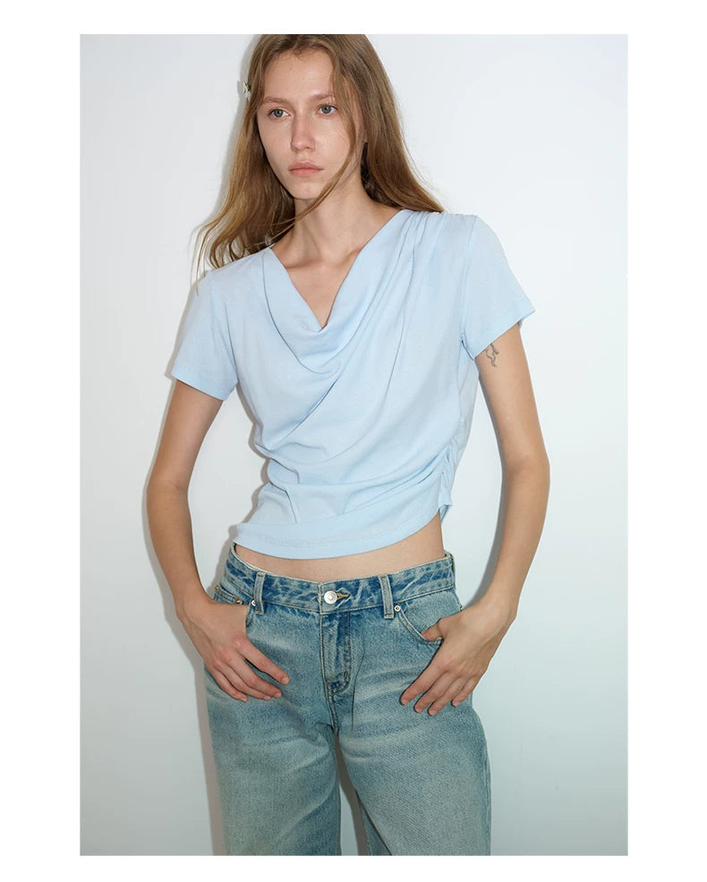 Ruched Cowl Neck Cotton Top